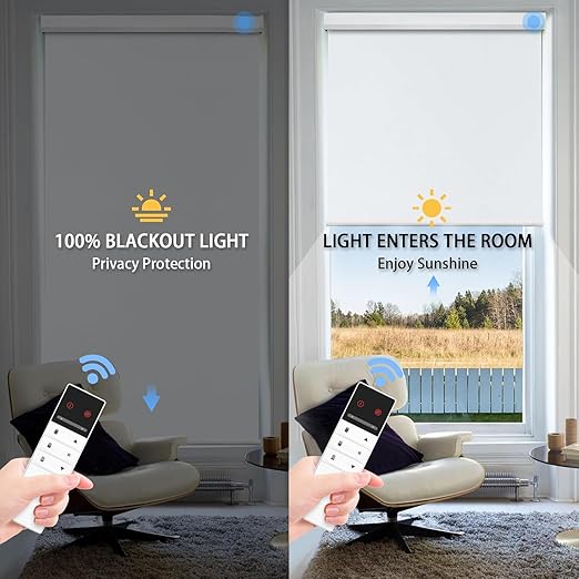 Motorized Blinds with Remote Control, 100% Blackout Cordless Wireless Electric Window Roller Shade Matter Motor Over Thread Compatible with Alexa/Google Home/Homekit (Fabric-White)