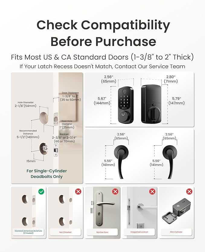DESLOC B200 Fingerprint Smart Lock with 2 Lever Handles, Keyless Entry Front Door Lock Set, Electronic Keypad Deadbolt, App Control, Auto Lock, Long Battery Life,Matte Black