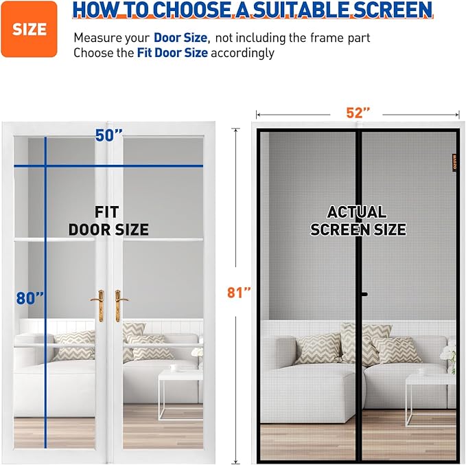 MAGZO Magnetic Screen Door Fit Door Size 50 x 80 Inch, Screen Size 52" x 81" Strong Magnet French Style Mesh, Heavy Duty Fiberglass Mesh with Hook & Loop for Sliding Entrance, Gray