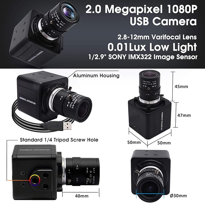 SVPRO 1080P USB Camera with Zoom 2.8-12mm Varifocal Lens,Manual Focus, IMX323 Sensor,Low Light Zoom Webcam UVC USB Plug and Play External Computer Camera for PC,Laptop, Support H.264