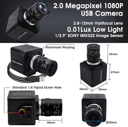 SVPRO 1080P USB Camera with Zoom 2.8-12mm Varifocal Lens,Manual Focus, IMX323 Sensor,Low Light Zoom Webcam UVC USB Plug and Play External Computer Camera for PC,Laptop, Support H.264