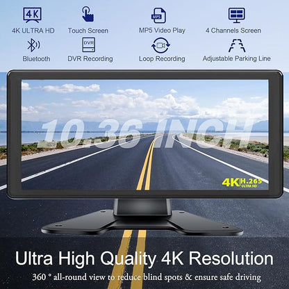 4K RV Backup Camera System 10.36" Quad Split Touch Screen Monitor with 4 1080P Rear Side View Camera, DVR Recording Bluetooth MP3 MP5 IP69 Waterproof Night Vision for RV Truck Trailer Tractor