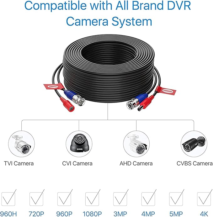ZOSI 2 Pack 100ft(30M) All-in-One Video Power Cables,BNC Extension Security Camera Cable for CCTV Surveillance Camera DVR System With 2 x BNC&RCA Connector