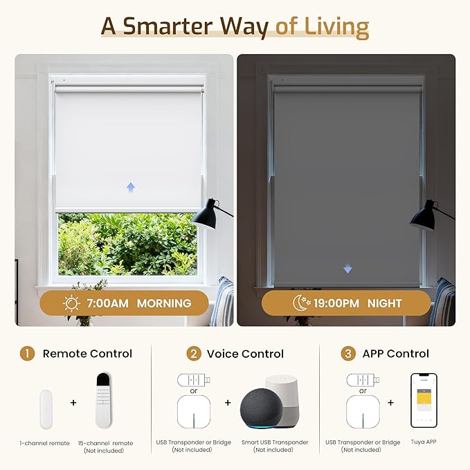 Grandekor No Drill Motorized Blinds with Remote 100% Blackout, Automatic Smart Roller Shade Cordless,White 34.5x72 Compatible with Alexa, Type-C Charging