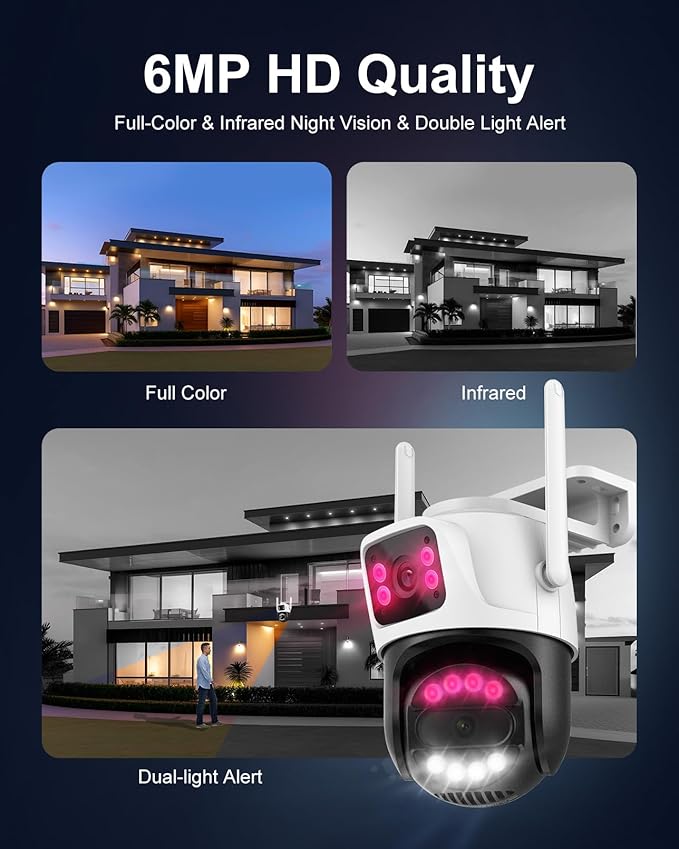 6MP Dual Lens Wireless Outdoor Security Camera Outdoor, WiFi Home Survaillance Camera, PTZ, 355°Pan, 90° Tilt, Human Detection & Auto Tracking, 2-Way Audio, IP66, 24/7 Recording,Night Vision