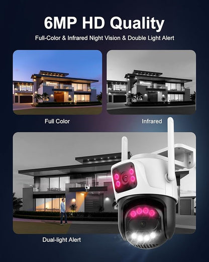 6MP Dual Lens Wireless Outdoor Security Camera Outdoor, WiFi Home Survaillance Camera, PTZ, 355°Pan, 90° Tilt, Human Detection & Auto Tracking, 2-Way Audio, IP66, 24/7 Recording,Night Vision