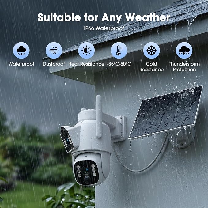 Camcamp Dual Lens Solar Security Cameras Wireless Outdoor System, 1 Camera (2 Views), 2.4/5 GHz WiFi, 2K Color Night Vision, 2-Way Audio, APP Remote, 0 Monthly Fee