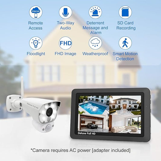 CasaCam Deluxe Wireless Security Camera System | 2 1080p Floodlight Cameras and one 7" Touchscreen Monitor | AC Powered, Two-Way Audio, Free APP, 32GB SD Card and Battery Installed, Model VS5002
