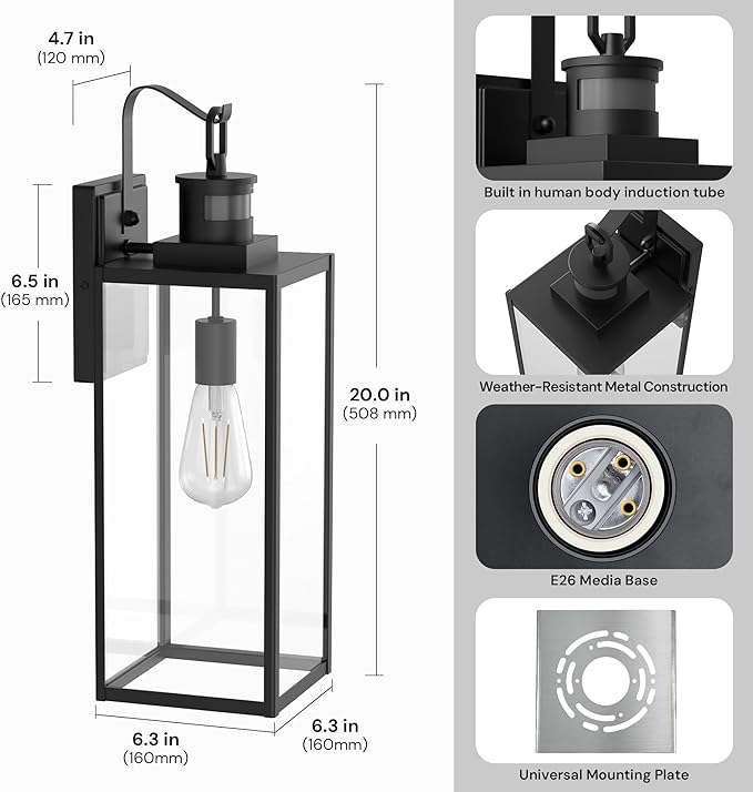 L LOHAS LED Large Size Motion Sensor Outdoor Wall Lights, 20 Inch Black Waterproof Anti-Rust Outdoor Light Fixtures Wall Mount with Clear Glass Shade for Porch, Garage, ETL Listed, 2 Pack