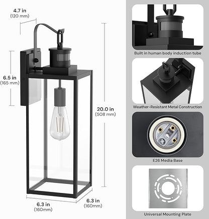 L LOHAS LED Large Size Motion Sensor Outdoor Wall Lights, 20 Inch Black Waterproof Anti-Rust Outdoor Light Fixtures Wall Mount with Clear Glass Shade for Porch, Garage, ETL Listed, 2 Pack