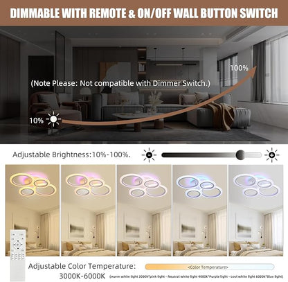 Modern LED Ceiling Light, 50W Dimmable Flush Mount, Remote, White | 3000-6000K Adjustable Color Temperature, Flicker-Free Lighting, 4 Rings Design for Kitchen, Dining Room, Hallway & Entrywa