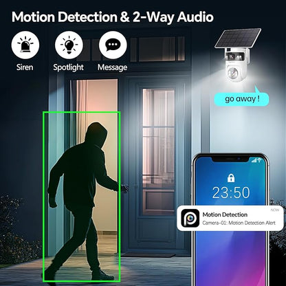 6MP Dual Lens,4G LTE Cellular Solar Security Cameras Wireless Outdoor for Home Security, No WiFi Needed, 24/7 AOV Recording, 355° PTZ, AI Human Detection,Siren, IP66, TF/Cloud Storage (White, 2 Lens)