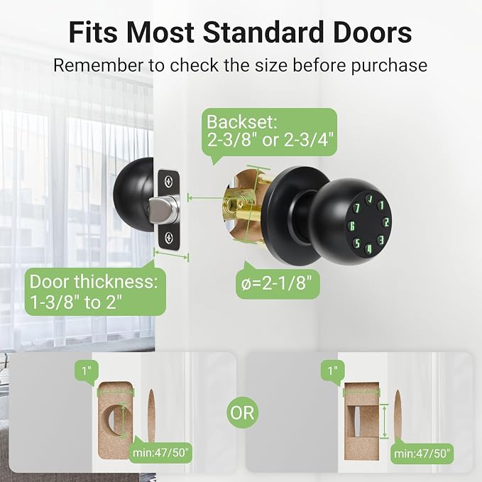 Smart Keypad Door Knob, Keyless Entry Door Lock with Auto Lock and Low Battery Alert, 50 User Codes, Easy Installation, Matte Black, for Front Door Bedroom Office Apartment