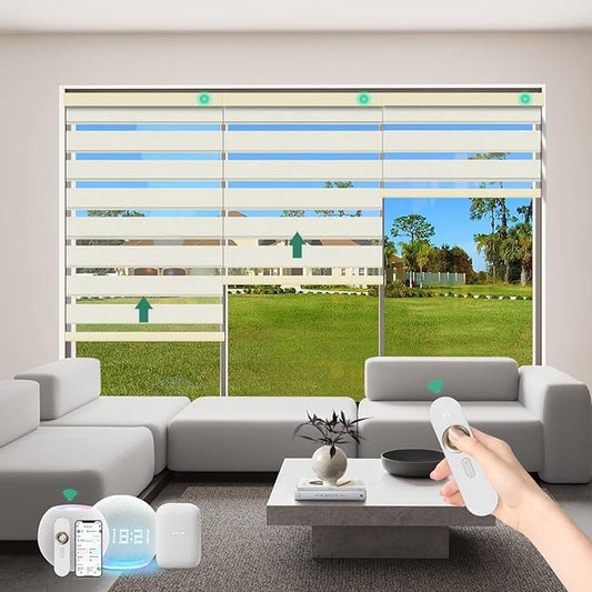 Motorized Zebra Blinds with Remote [Dual Layer + Light Filtering] 90% Blackout Smart Shades for Indoor Windows, Alexa Google and HomeKit Compatible, Customized Size, Shadow Whisper