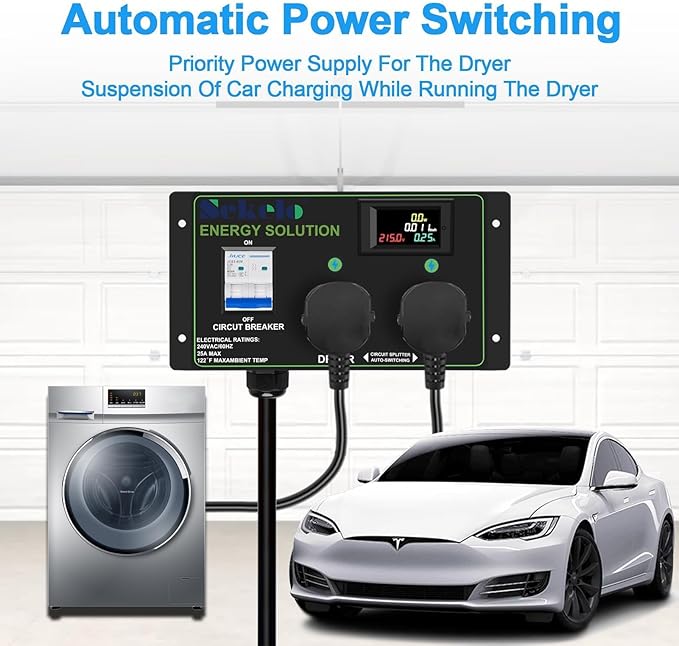 Smart EV Charging Integration: Sekelo Automatic Power Switch for Dryer & EV, NEMA 14-30P to 14-30R & 14-50R, 240V, 24A 5.76kW Max Power Splitter, Fast Charging, Real-time Display
