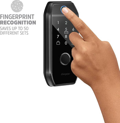 Energizer Smart Door Lock, Deadbolt with Keyless Fingerprint Entry, App Control, Anti-Peep Passcode Touchscreen, 2 Key Fobs & 2 Keys, Holds 50 Fingerprints, One-Touch & Auto-Lock, Doorbell