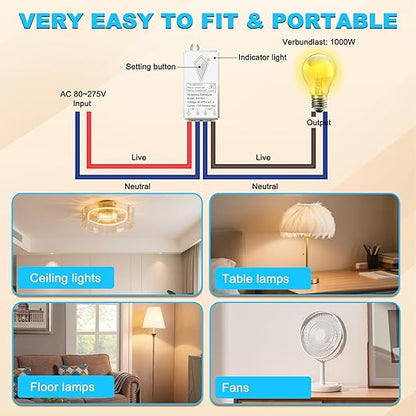 NineLeaf Wireless Light Switch Kit, No Wiring Remote Control, Mini Receiver for Ceiling Lights,Lamps, No WiFi, 1969FT Outdoor 328FT Indoor Range, IP66 Waterproof, 1000W LED(2Switches 1Receiver)
