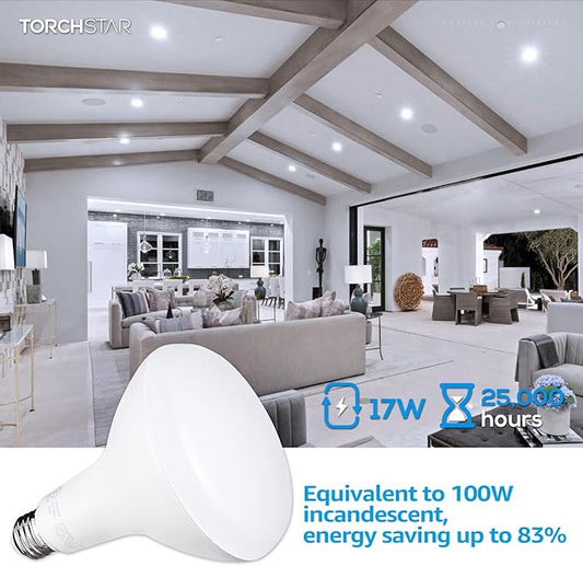 TORCHSTAR BR40 LED Light Bulbs, Indoor Flood Light Bulbs, Dimmable, 5000K Daylight, 100W Equivalent 17W, 1400lm, E26 Base, Recessed Can Light, Flicker-Free, UL Listed, Pack of 4