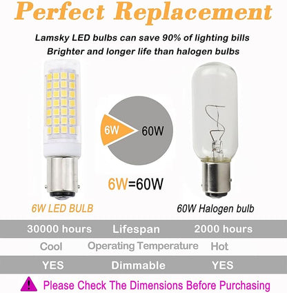 BA15D Led Bulbs 6W Dimmable 120V,B15 Double Contact Bayonet Base,Daylight White 6000K,60W JD Type T3/T4 Halogen Equivalent Replaces for Pendants Ceiling Fans Sewing Machine Light(6-Pack)
