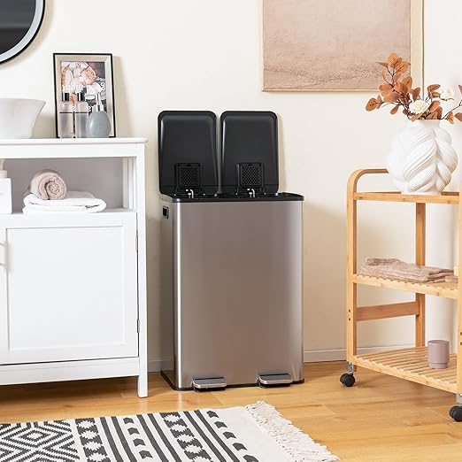 Goplus Dual Trash Can, 16 Gallon/ (2x30L) Double Trash and Recycling Bin Combo for Kitchen, Stainless Steel Garbage Can with 2 Removable Inner Buckets, Soft Closure & Step-on Pedal