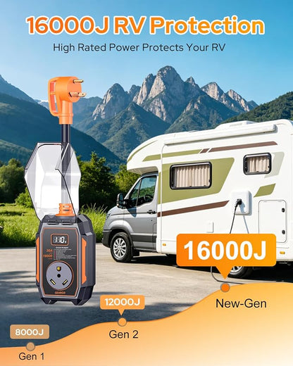 GEARGO 𝟐𝟎𝟐𝟔 Smart RV Surge Protector 30 amp with 16,000J, Auto Shutoff & Reset, Real-time LED Digital Display, IP68 30 amp RV Surge Protector, Full Circuit Analyzer for Travel Trailers