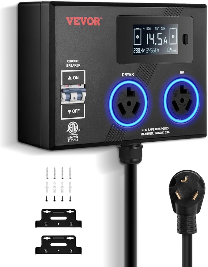 VEVOR NEMA Splitter for Dryer and EV, 3-Color LED Indicator, 240V Smart Power Distribution, with NEMA 10-30 Plug, Two NEMA 10-30 Outlets, 3.4 in LCD Screen, Max 24A Dryer EV, Tested to ETL Standard