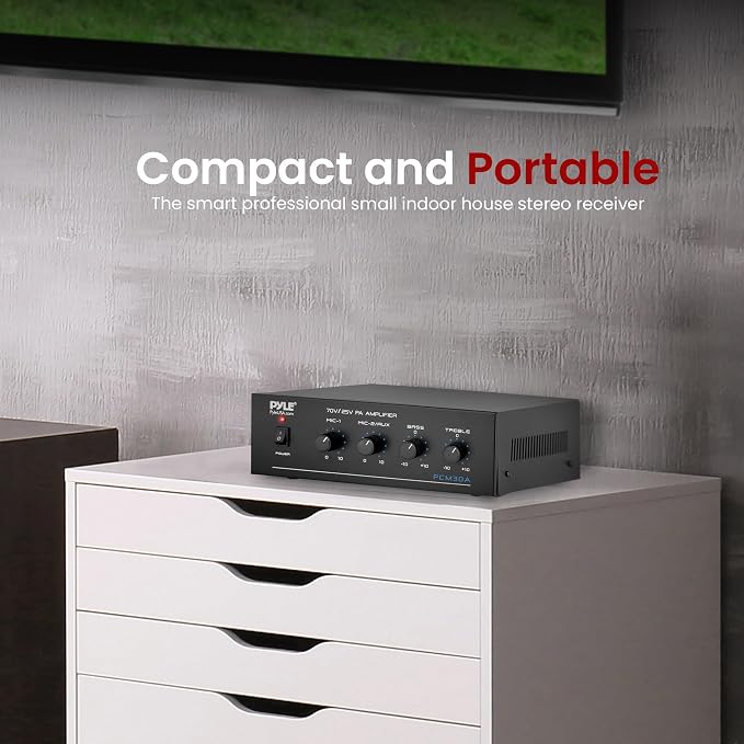 Pyle Compact 60 Watt Power Amplifier - Office, Home, Public Address System w/ RCA, 2 Microphone IN, 25/70 Volt Outputs, LED, Input Selector, Mic Talkover, Telephony, Music On Hold - PCM30A