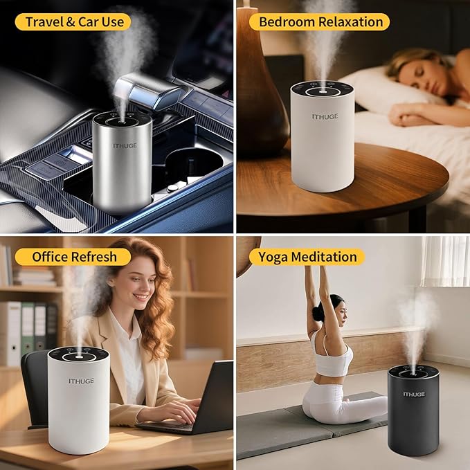 Waterless Essential Oil Diffuser, Portable Nebulizer with 3 Intensity Levels, Battery Powered for Car Home Office (White)