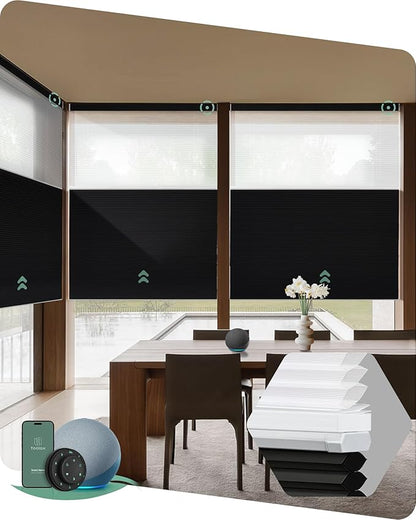 Yoolax Smart Motorized Day and Night Cellular Shades with Remote, Top Down Bottom Up Blinds Compatible with Alexa, Honeycomb Blinds (White Light Filtering+Black Blackout)