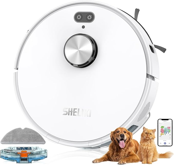 SHELIKI Robot Vacuum and Mop, Mapping Robotic Vacuums Cleaner with LiDAR Navigation Smart & Strong Suction, WiFi/App/Alexa/Voice Control, Obstacle Avoidance, for Home, Wood/Hard Floors, Pet Hair