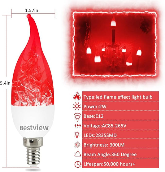 Bestview LED Flame Effect Light Bulbs,3 Modes Flickering Light Bulbs, Smart E12 Chandelier Base Candle Fire Light Bulb for Halloween, Christmas, Porch Indoor&Outdoor Home Decoration -6 Pack(Red)