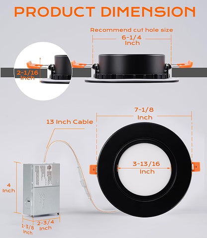 CLOUDY BAY [4 Pack] 6 inch 5 Color Swivel LED Gimbal Recessed Light with Junction Box IC Rated Air Tight,120V CRI90+,2700K/3000K/3500K/4000K/5000K Selectable,Black
