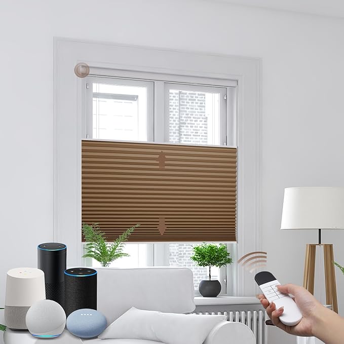 Godark Motorized TDBU Cellular Shades with Remote Control Smart Honeycomb Blinds Compatible with Alexa Google Home Smarthings Custom Double Cellular Blackout for Indoor Windows Doors-Brown