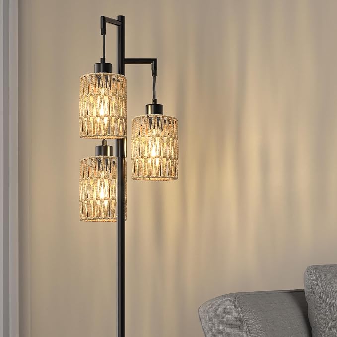 Oneach 70" Floor Lamps for Living Room, Stepless Dimmable Boho Floor Lamp with 3 Bulbs, Tall Farmhouse Industrial Corner Standing Tree Lamp for Bedroom, Office, Study Room, Dining Room, Black