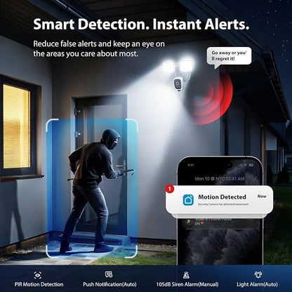 2K Wired Security Floodlight Camera, 3500LM Dual-Head Outdoor Security Camera with Color Night Vision, PIR Motion Detection, 105dB Siren, Two-Way Audio, Compatible with Alexa & Google, Cream