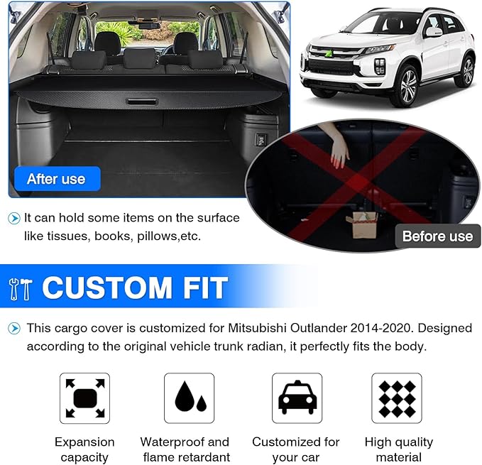 Powerty Retractable Cargo Cover for 2013-2021 Mitsubishi Outlander 2.0 Displacement (Manual Tailgate), Carbon Fiber Trunk Cover Privacy Screen for Outlander Accessories (Not for Electric Liftgate)