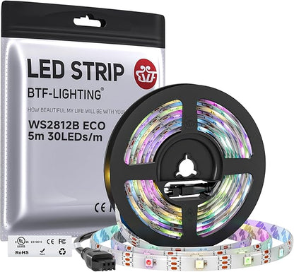 BTF-LIGHTING WS2812B ECO RGB LED Strip,UL Listed,Individually Addressable,16.4FT 30LED/m 150Pixel DC5V 5050SMD,Alloy Wire Flexible 3M Tape for DIY Chasing Color Project IP65(No Adapter or Controller)