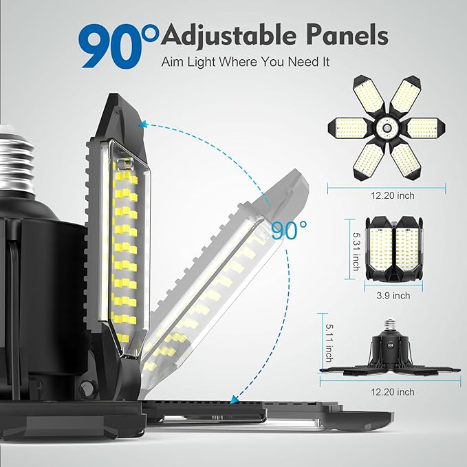 TANBABY 260W Motion Sensor Garage Lights, 30000LM Shop Lights with Remote Control 3 Modes (ON/Off/AUTO), 30/60/120s Timer, E26 Screw-in Deformable 6-Panel 6500K Ceiling Light for Garage Shop Basement