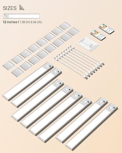 12inch Under Cabinet Lighting with Remote, 2500mAh Rechargeable Motion Sensor Light Indoor, LED Closet Lights with Timer, Dimmable, Magnetic, 3 Color Temps Wireless for Kitchen, Pantry, Stair, 8 Pack