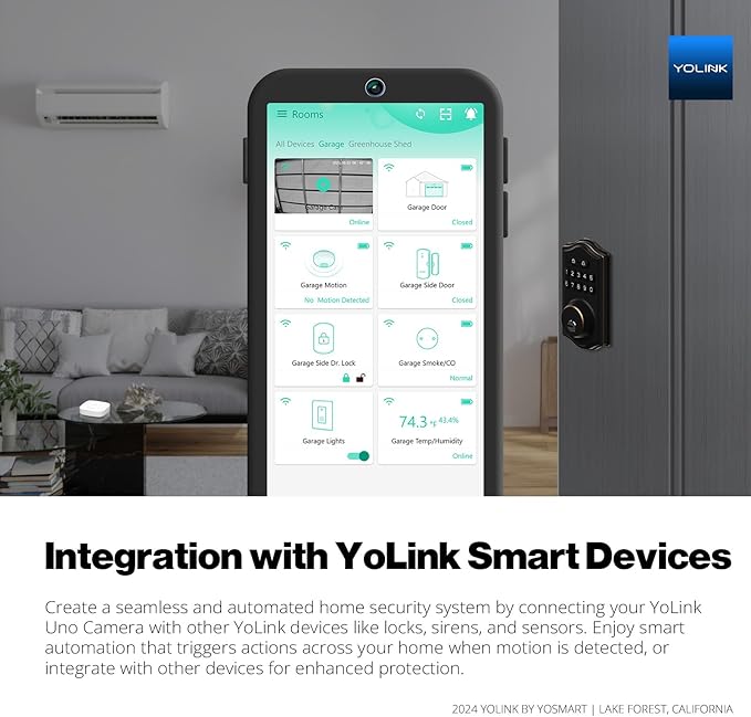 YoLink Uno 2.4G WiF Wireless Home Security Camera Indoor, for Baby and Pet Monitor, 1080p Dog Camera with Phone App, Night Vision B/W, 2-Way Audio, 64G SD Card Included, 360°