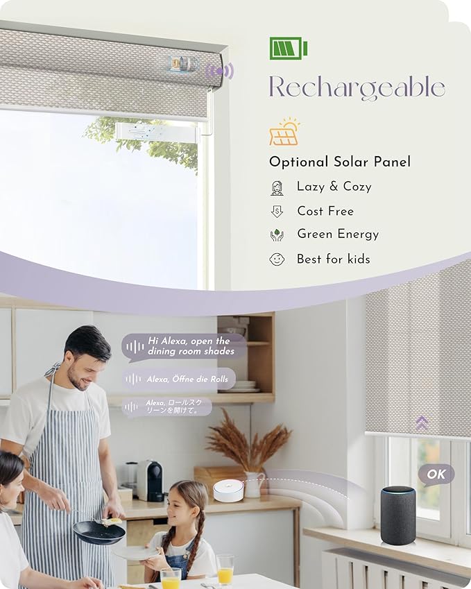 Graywind Motorized Solar Shades Light Filtering Mesh Shade Compatible with Alexa Google Remote Control Window Blinds with Valance for Smart Home Office Business, Custom Size (3% Openness Beige)