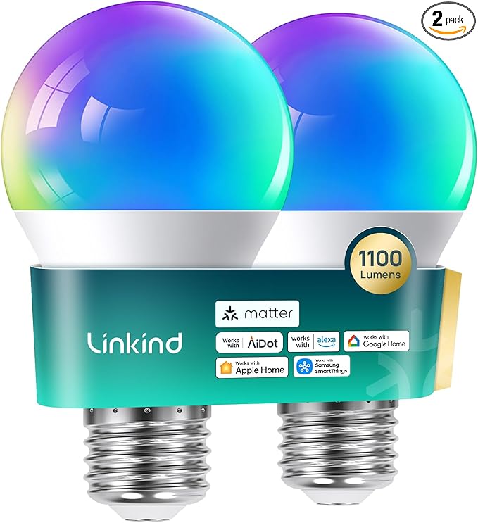 Linkind Matter Smart Light Bulb,1100LM 75W Smart Bulbs Work with Alexa/Apple Home/Google Home/SmartThings, RGBTW LED Color Changing Bulbs Music Sync, 2.4GHz Wi-Fi Light Bulbs LED 11W, A19 E26, 2Pack