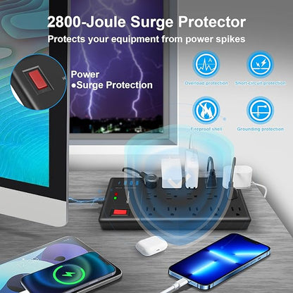 Surge Protector Power Strip-15 Widely Spaced Outlets and 4 USB Ports(1 USB C Port),14 AWG Extension Cord,1875W/15A Heavy Duty Power Strip Surge Protector 5 ft Cord,2800J,Black