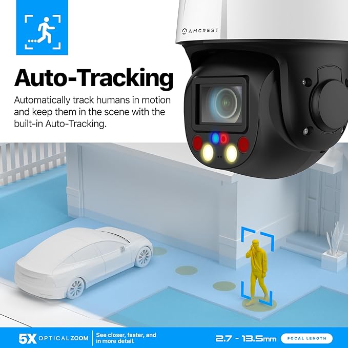 Amcrest 4MP Outdoor PTZ POE + AI IP Camera Pan Tilt Zoom (Optical 5X Motorized) Security Speed Dome, Human and Vehicle Detection, IVS, Face Detection, Auto Tracking, POE+ (802.3at) IP4M-1098EW-AI
