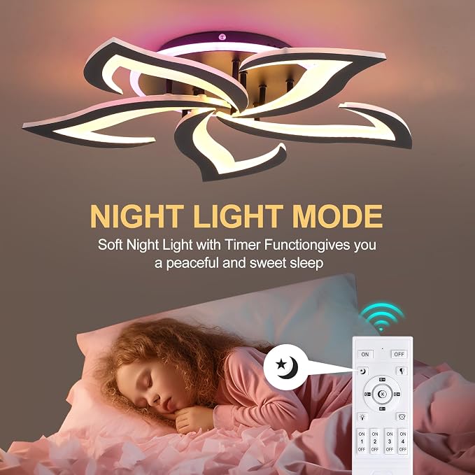 Modern LED Ceiling Light 50W, Dimmable 5-Petal Flush Mount, Black | 23.6" Flower Ceiling Light with Remote, 3000LM, 3000K-6000K, Modern Light Fixture for Bedroom Living Room Dining Room
