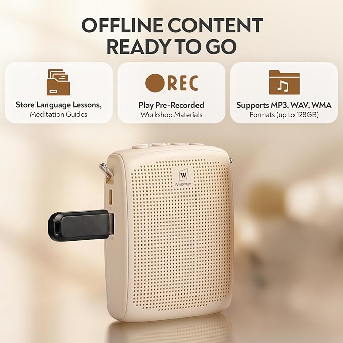 WinBridge Bluetooth Voice Amplifier - 15W Wireless Headset Mic, Portable PA System for Classroom/Elderly, Speaker and Microphone for Teachers, Tour Guide, Soft-Spoken People, WB002 Beige