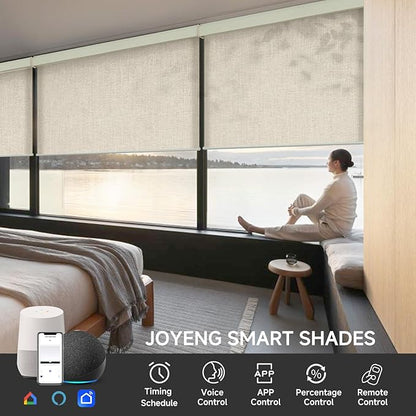 Motorized Light Filtering Roller Shades with Remote Control, Electric Smart Shades Compatible with Alexa and Google, Rechargeable, Customizable Size (Textured Creamy White)