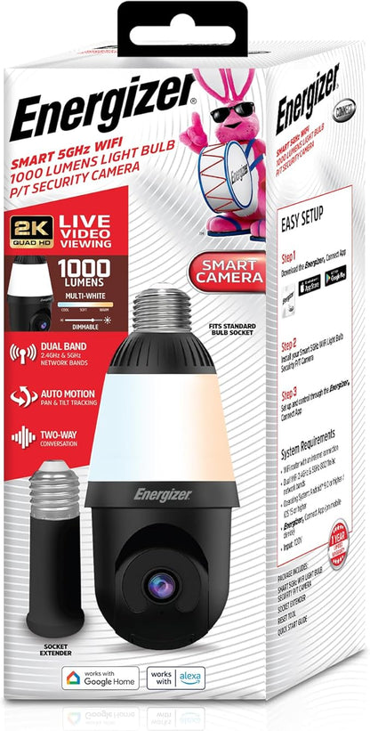 Energizer Smart 2K Light Bulb Security Camera, 1000 Lumens LED Light, 5G&2.4G Wi-Fi Outdoor Socket Camera, Pan Tilt Auto Tracking, Night Vision, 2-Way Audio, Outdoor, Works with Alexa & Google Home
