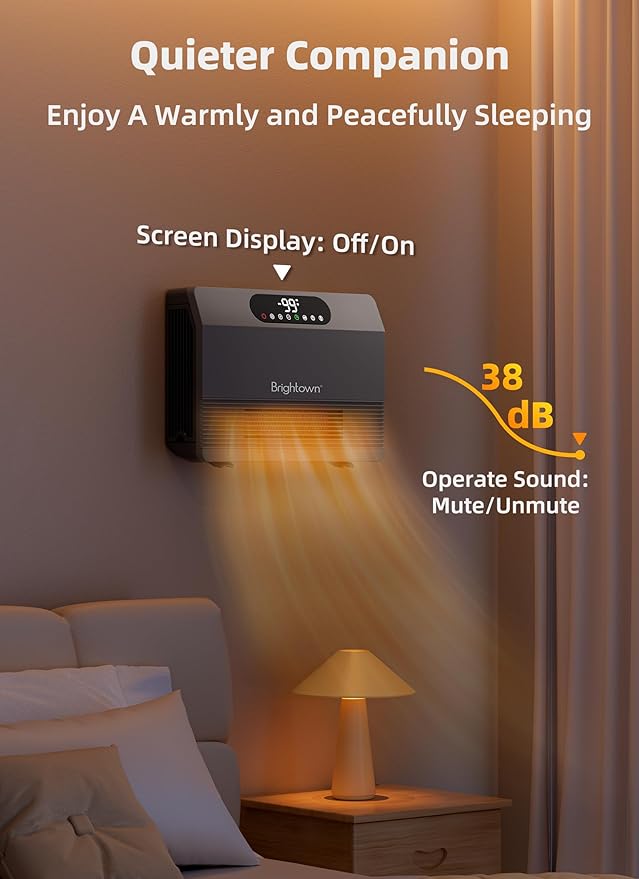 Brightown Wall Heater for Indoor Use, Space Heater with ALCI Plug 1500W, 5 Modes, Adjustable Thermostat, Easy Install Heater for Bedroom Bathroom with Remote Control, 12H Timer, Work with Alexa, Grey