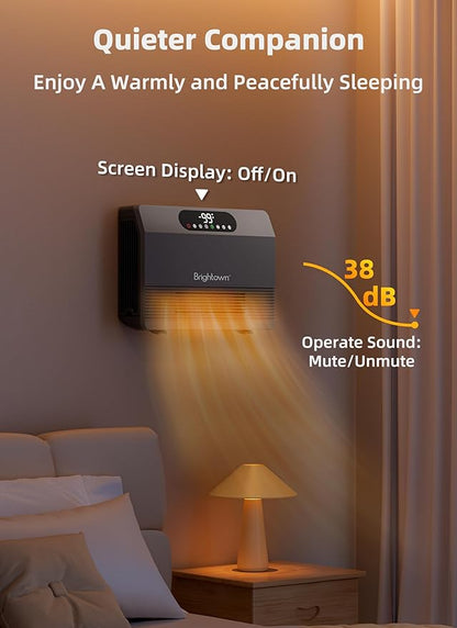 Brightown Wall Heater for Indoor Use, Space Heater with ALCI Plug 1500W, 5 Modes, Adjustable Thermostat, Easy Install Heater for Bedroom Bathroom with Remote Control, 12H Timer, Work with Alexa, Grey